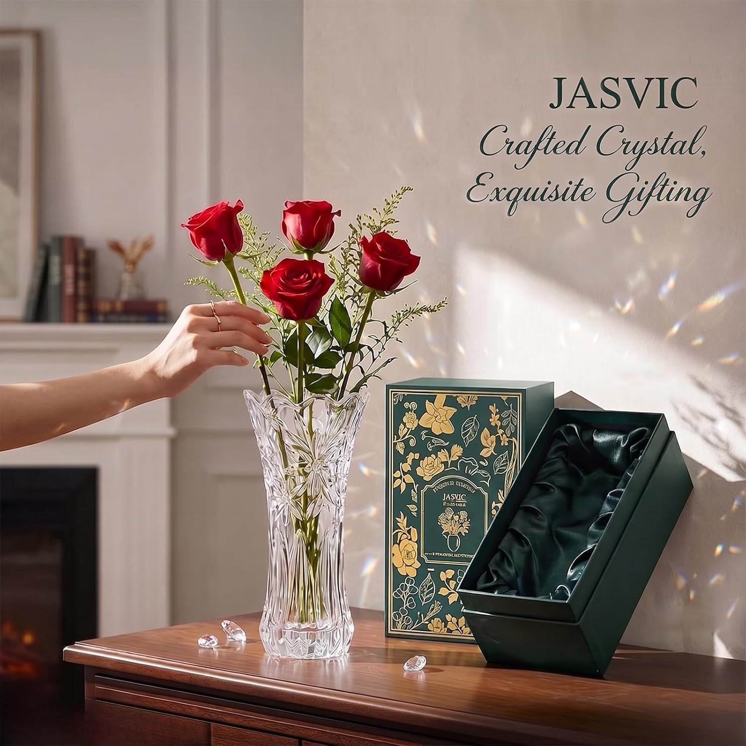 12" Glass Crystal Vase for Flowers with Luxury Gift Box, Elegant Tall Clear Vases for Mother's Day, Wedding, Valentine Gift, Large Floreros Centerpieces for Living Room Home Décor