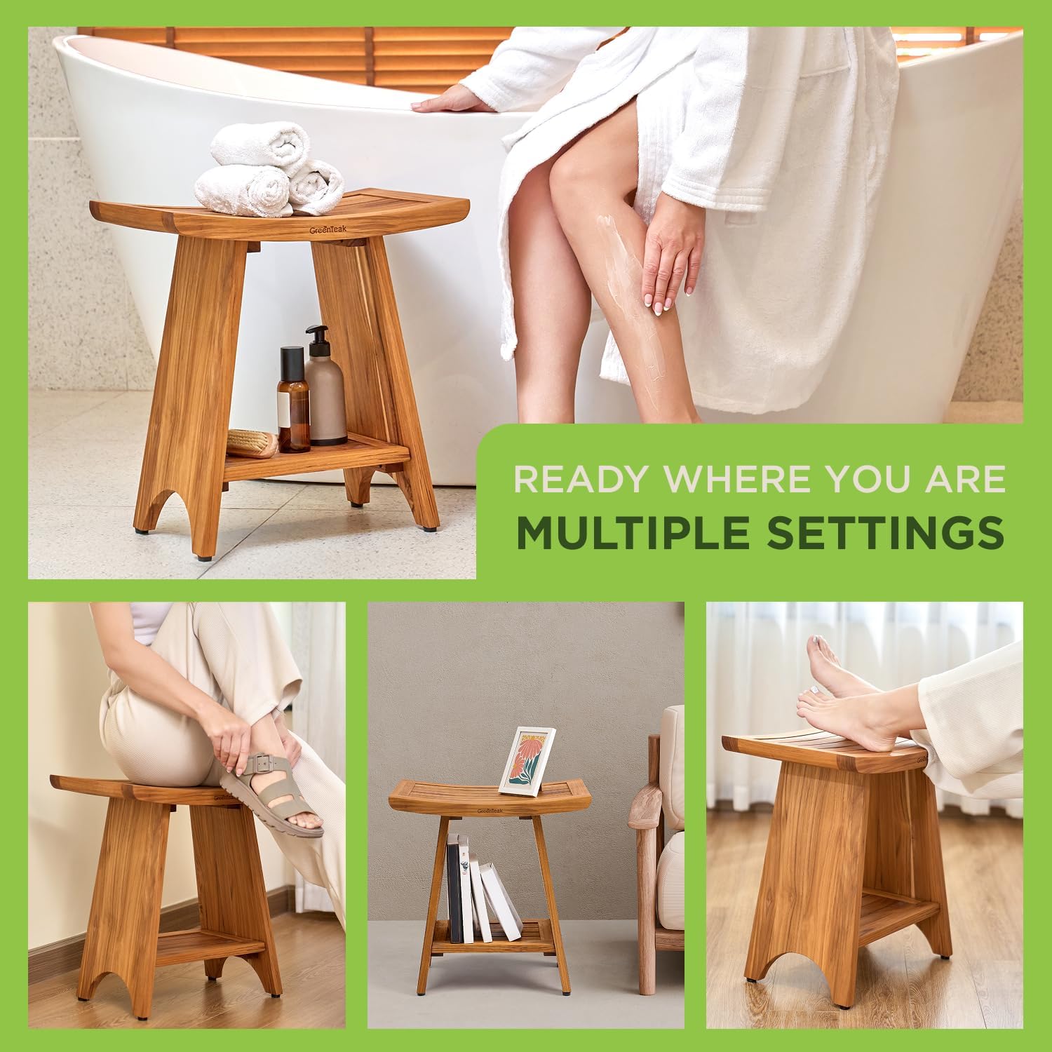 Premium 18" Teak Wood Shower Bench with Shelf, 2-Tier Waterproof Teak Shower Stool, Non-Slip Feet for Enhanced Safety, Spa Bath Seat for Bathroom, Indoor & Outdoor, 300 lb Capacity (Curved)