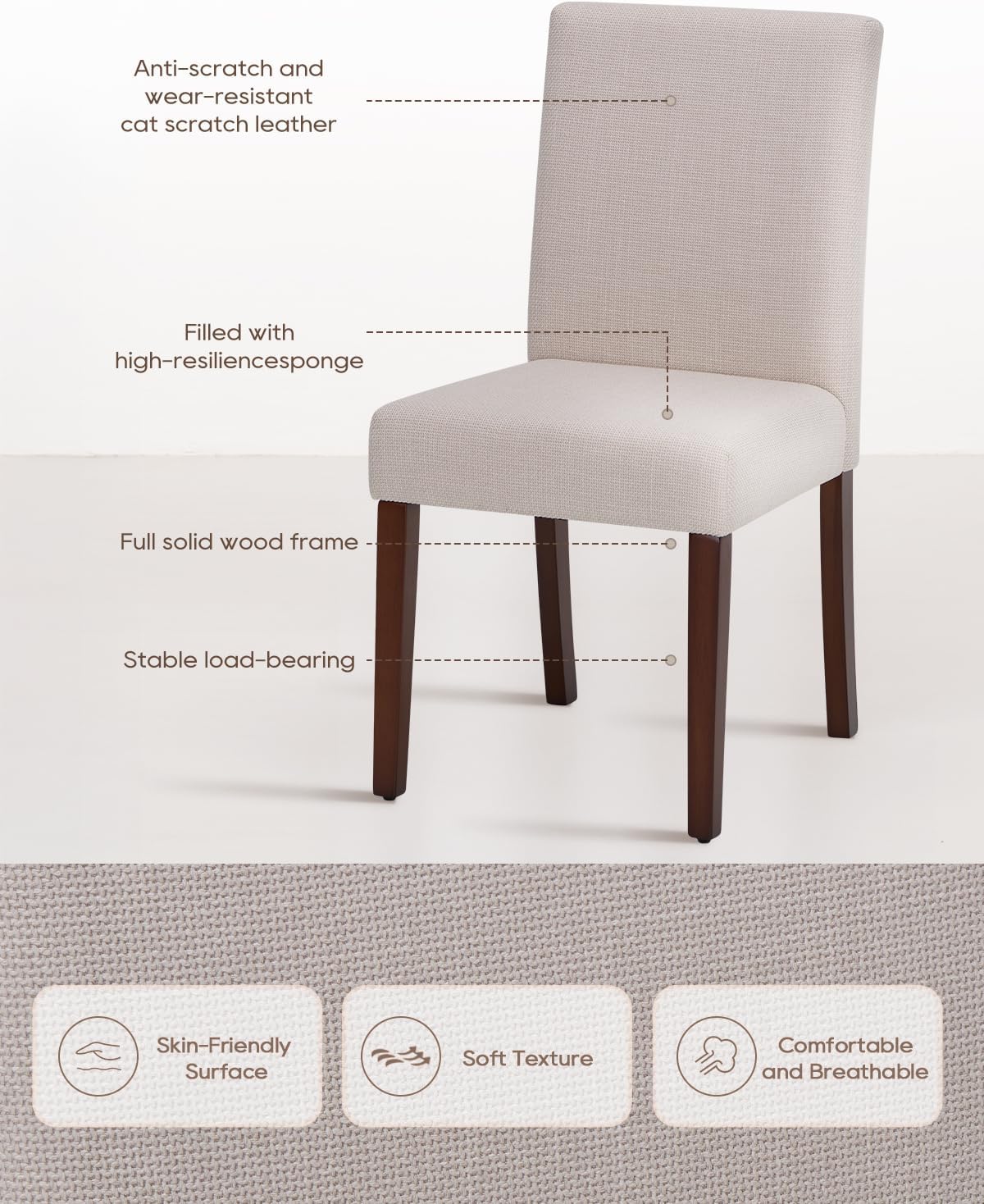 Upholstered Dining Chairs Set of 4 - Line Fabric Modern Farmhouse Kitchen Chairs,Mid-Back Dining Room Chairs with Wooden Legs