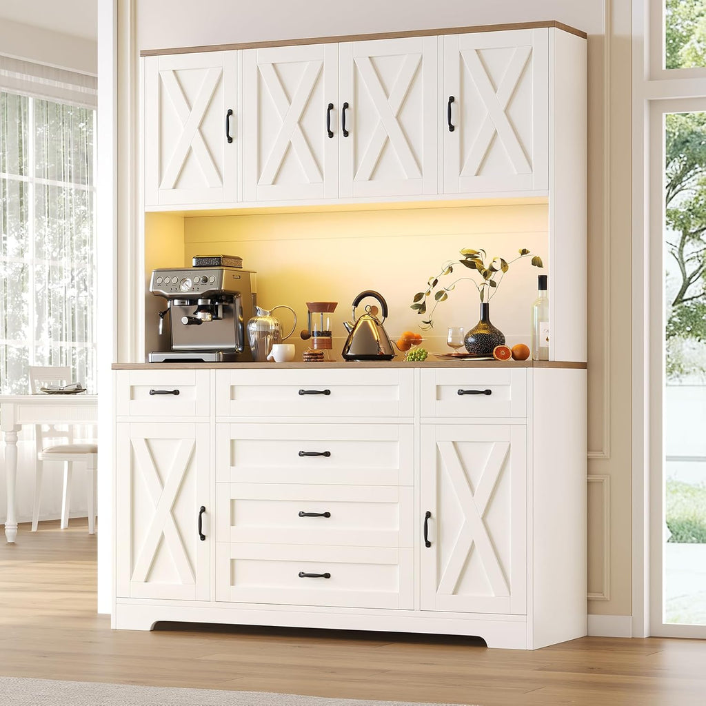Yanosaku 71" Tall Pantry Cabinet with LED Lights & Charging Station, Farmhouse Kitchen Hutch with 6 Drawers & Adjustable Shelves, Spacious Storage Cabinet for Dining Room, White