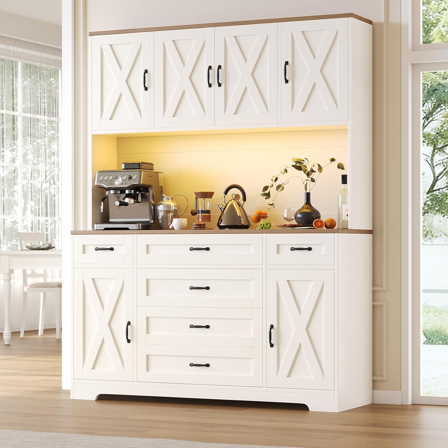 Yanosaku 71" Tall Pantry Cabinet with LED Lights & Charging Station, Farmhouse Kitchen Hutch with 6 Drawers & Adjustable Shelves, Spacious Storage Cabinet for Dining Room, White