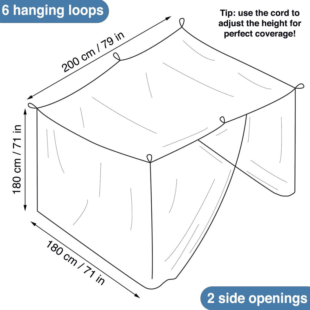 Mosquito Net for Single to King-Sized Beds – 2 Side Openings & 6 Hanging Loops – Decorative Rectangular Shape for Home & Travel – Bed Canopy Hanging Kit & Carrying Bag Included