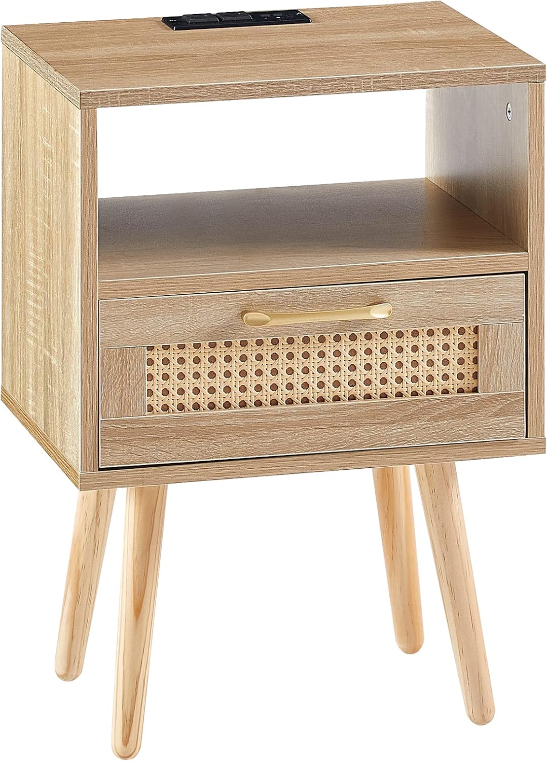 ZenithX 15.75" Rattan End Table with Power Outlet & USB Ports, Modern nightstand with Drawer and Solid Wood Legs, Side Table for Living Room, Bedroom,Natural