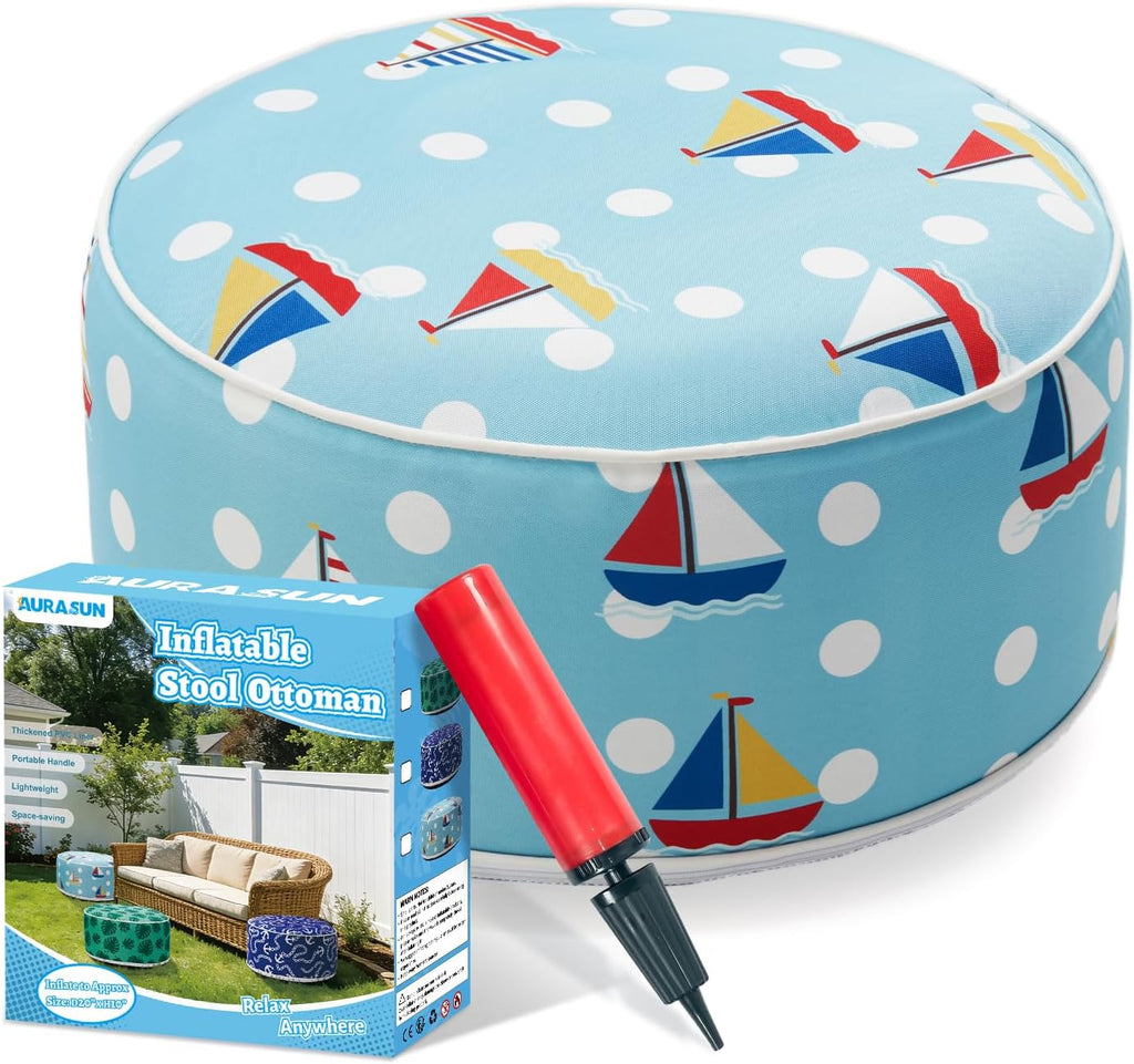 AURASUN Inflatable Outdoor Ottoman Pouf - Portable Footstool with Handle D20” x H10” - Air Pump Included for Outdoor Indoor Use - Comfortable Foot Rest or Seating for Camping or Pool (Light Blue)