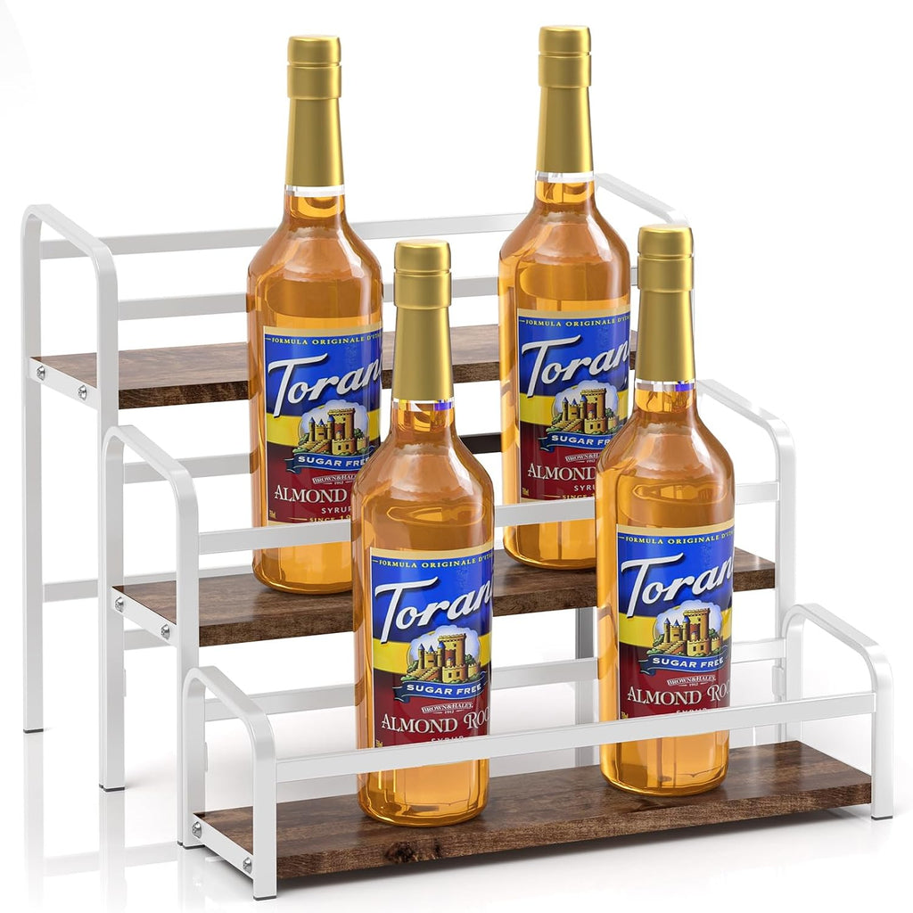 Coffee Syrup Rack,12 Bottle Capacity,3 Tier Coffee Bar Organizer,Kitchen Wine Rack,Coffee Station for Syrup, Wine Stand Shelf,Coffee Bar Accessories (Dark Brown Wood, White)