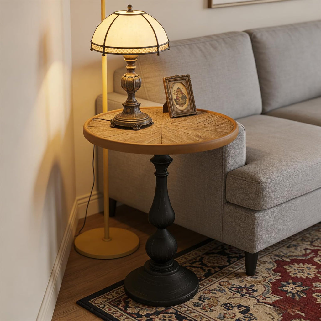Vintage Round Pedestal End Table, 19.9" French Country Side Table with Natural Wood Top & Black Metal Base, Retro Accent Table for Living Room, Bedroom, Entryway, Small Spaces