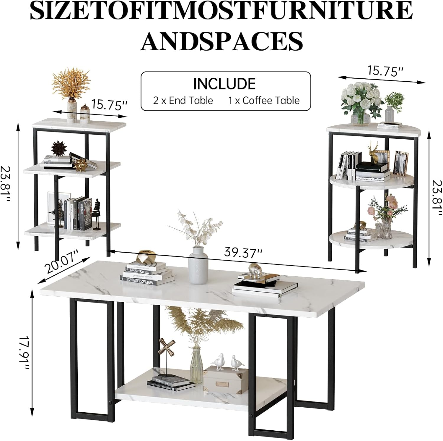 AWQM Faux Marble Table Set,Coffee Table & 2 Side Table, Faux Marble Tabletop and Metal Frame, 3 Piece Table Sets, for Living Room Apartment,White & Black