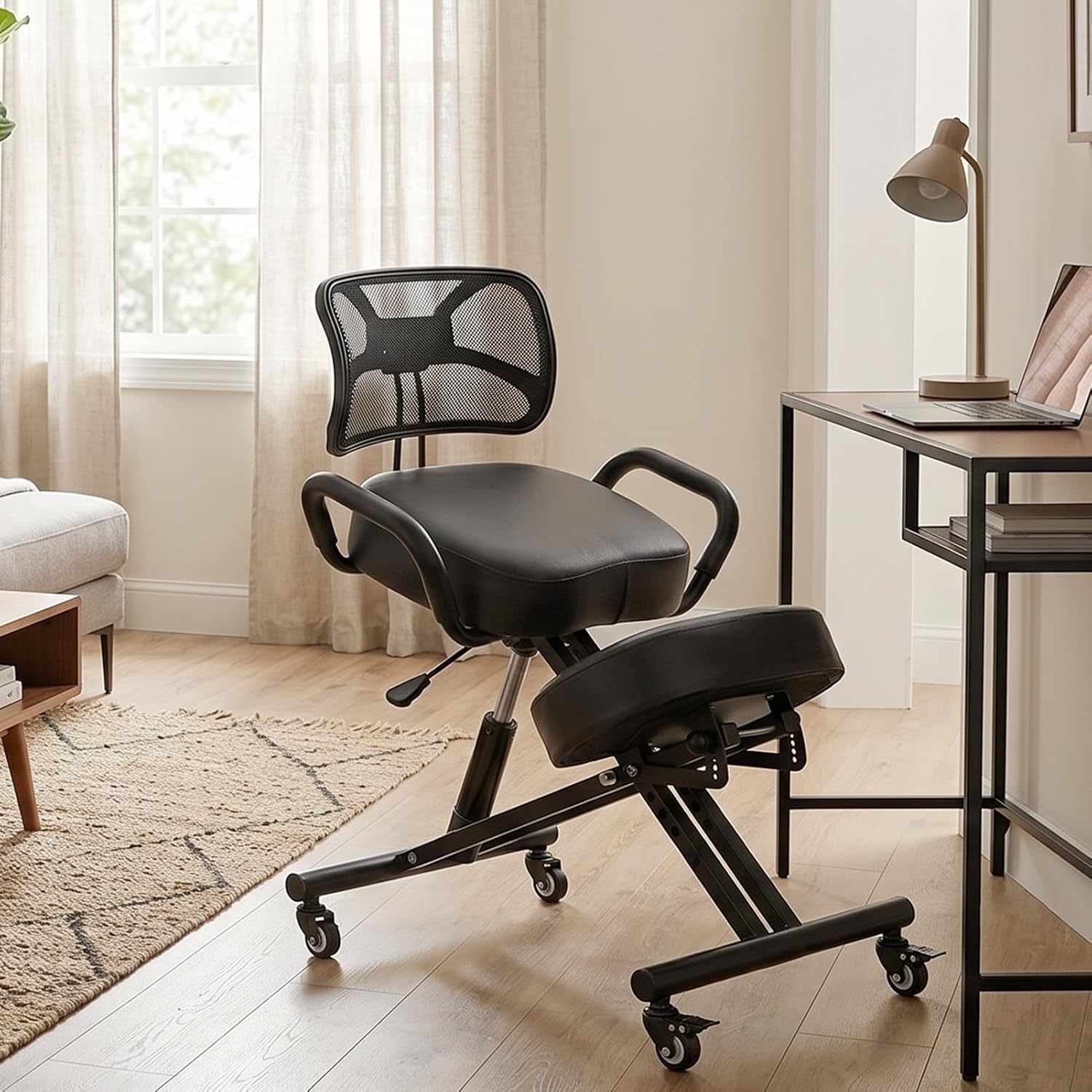 Ergonomic Kneeling Chair for Home and Office, Height Adjustable Cross Legged Office Chair with Back Support, Brake Casters, Thick Cushions for Desk to Relieve Back Discomfort Black