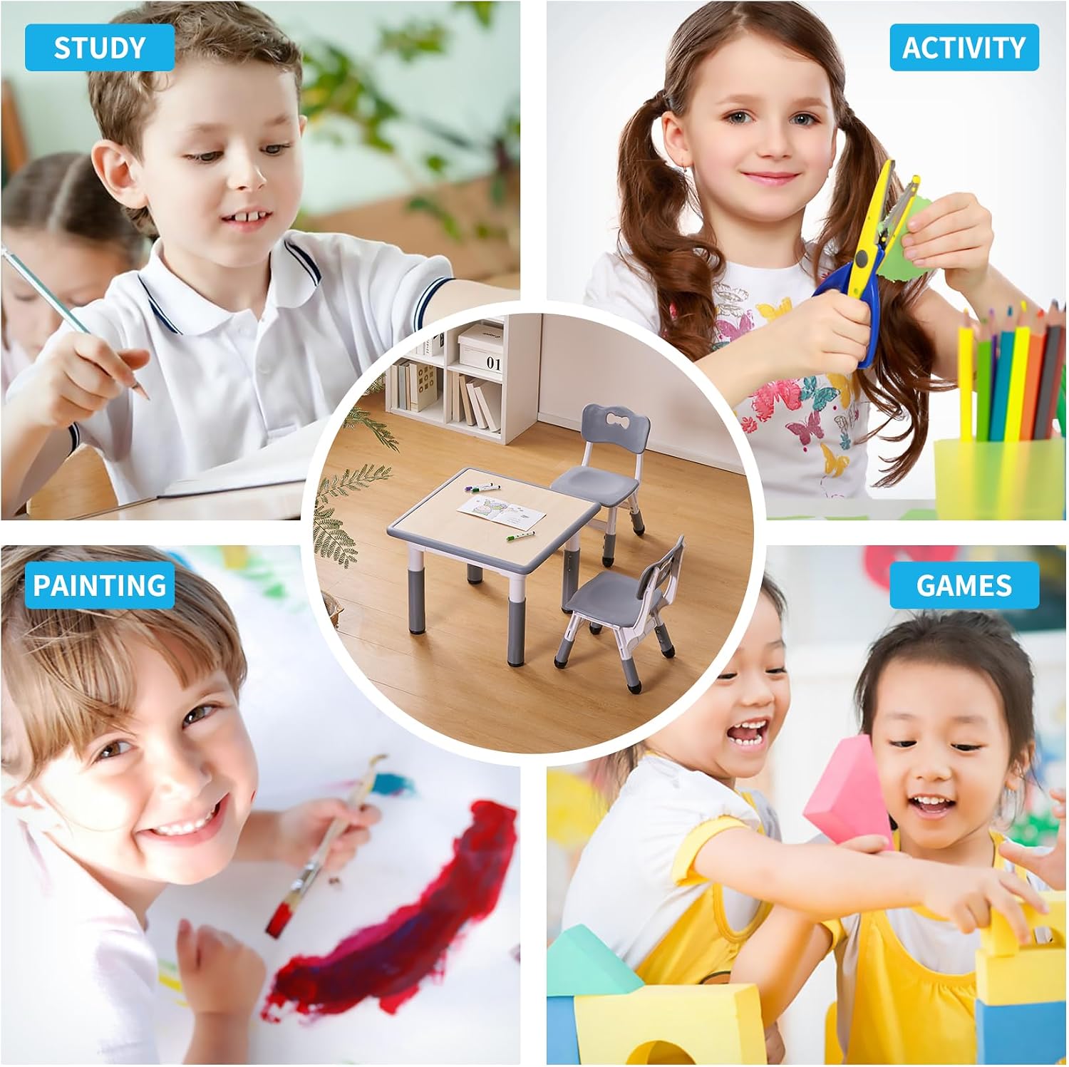 UNICOO - Kids 23""x23"" Three Piece Study Table and Chairs Set, Height Adjustable Plastic Children Art Desk with 2 Seats, Kids Multipurpose Activity Table Set (Maple Top with Grey Border), KT-TCO1
