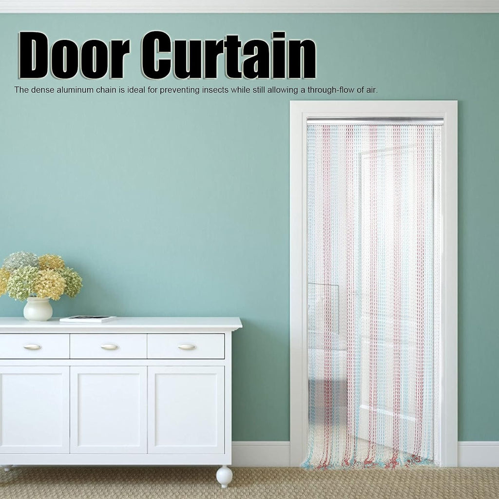 Dense Aluminum Chain Hanging Door Curtain, Ventilated Proof Room Divider in Red Blue Silver for Kitchen
