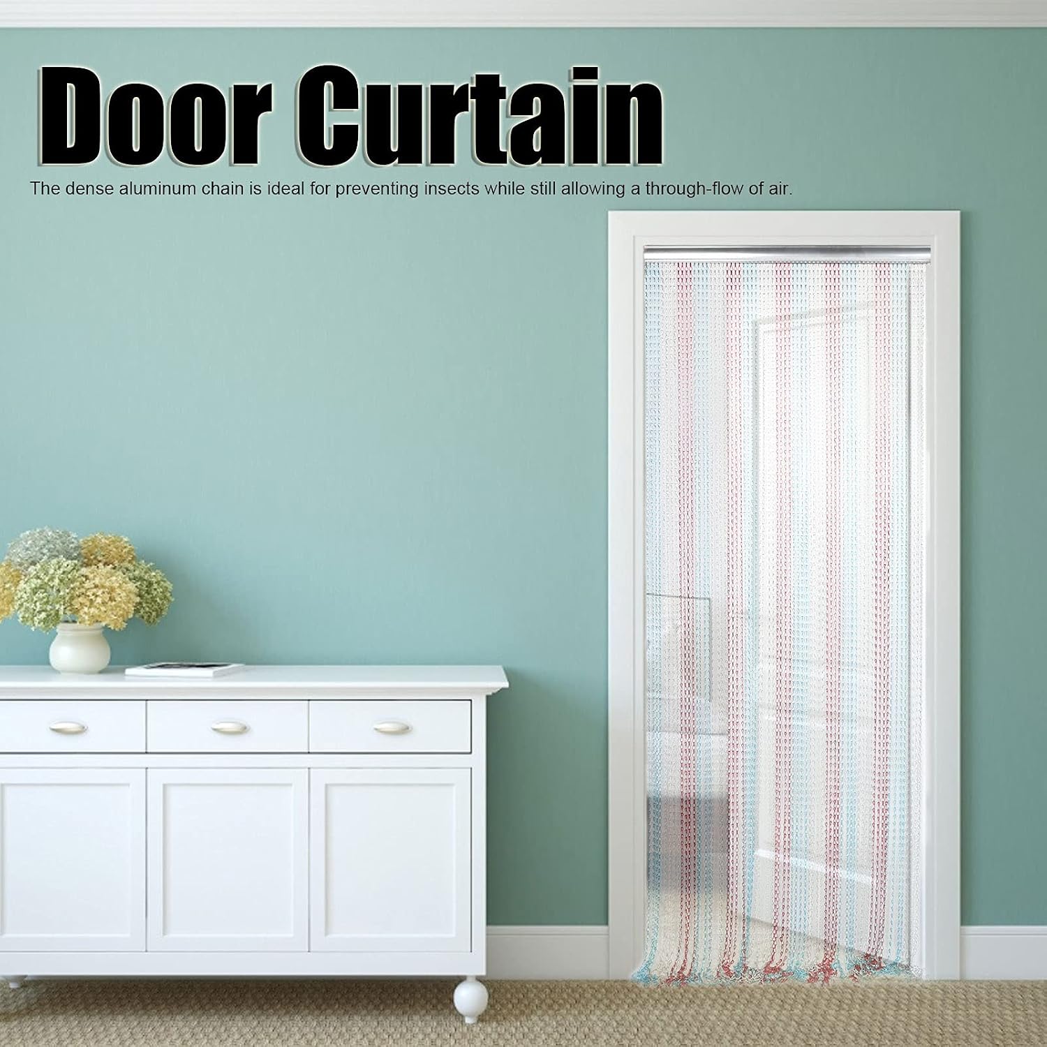 Dense Aluminum Chain Hanging Door Curtain, Ventilated Proof Room Divider in Red Blue Silver for Kitchen