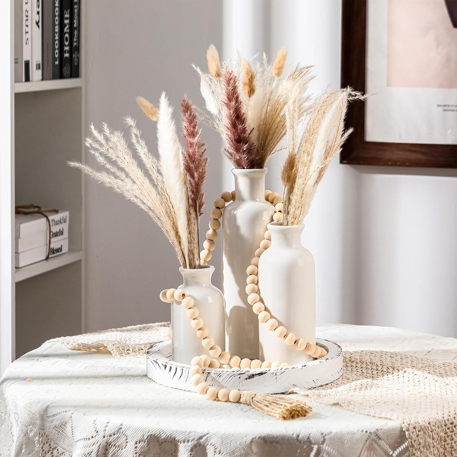 5 Pcs Rustic Country Tabletop Centerpieces Decor Set of 3 Boho Ceramic Vases with Wooden Serving Tray Wood Bead Garland Tassels Table Holder for Home Decorations(White)