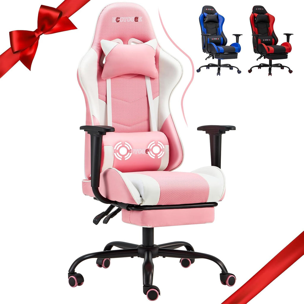 ECOTOUGE PC Gaming Chair Massage Ergonomic Office Desk Chair Racing PU Leather Recliner Swivel Rocker with Headrest and Lumbar Pillow, Pink-White