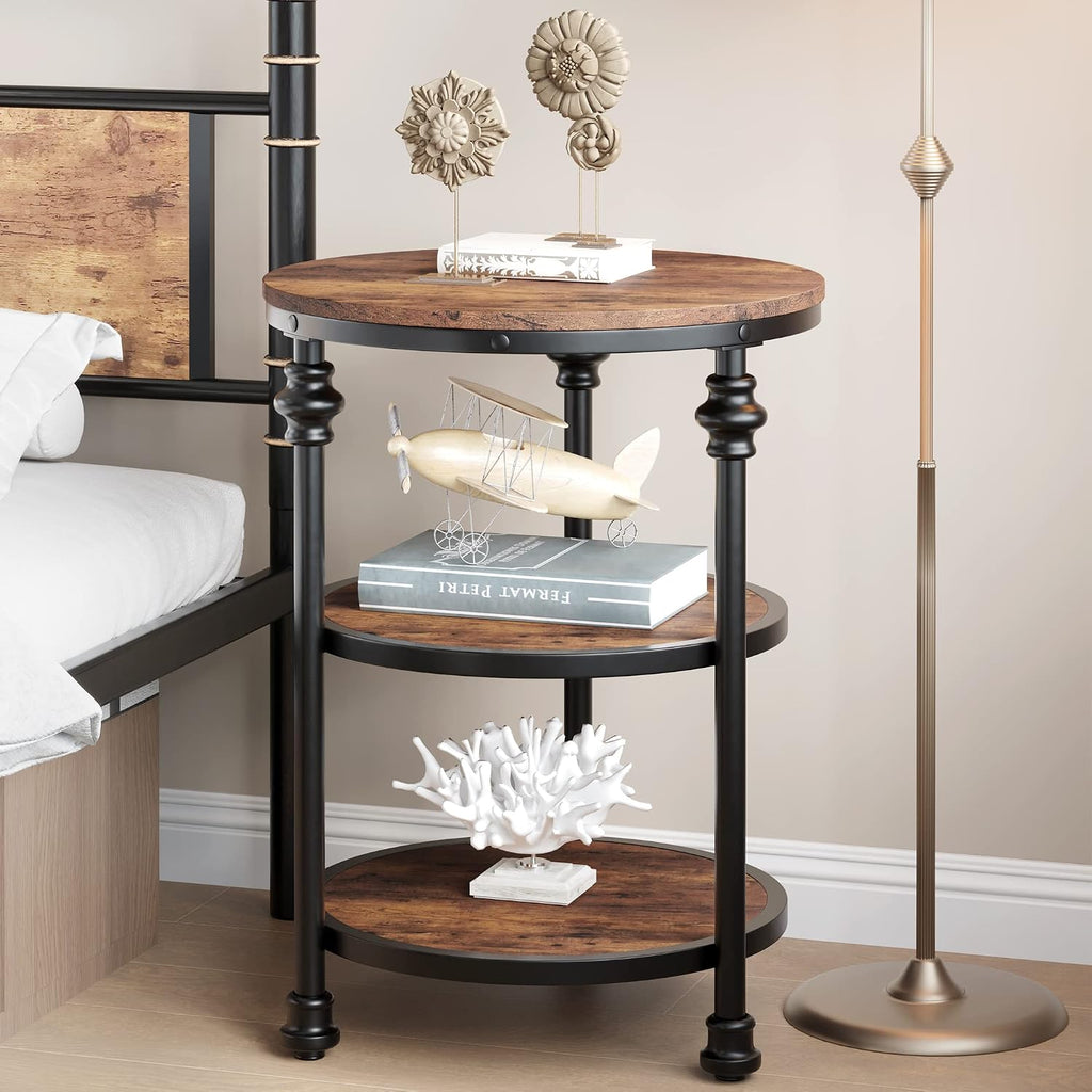 GarveeHome Round End Table with Storage Shelves, 3-Tier Round Farmhouse Side Table w/Mental Support Legs, Rustic End Table Accent Nighstands for Living Room Bedroom (A, Rustic Brown)