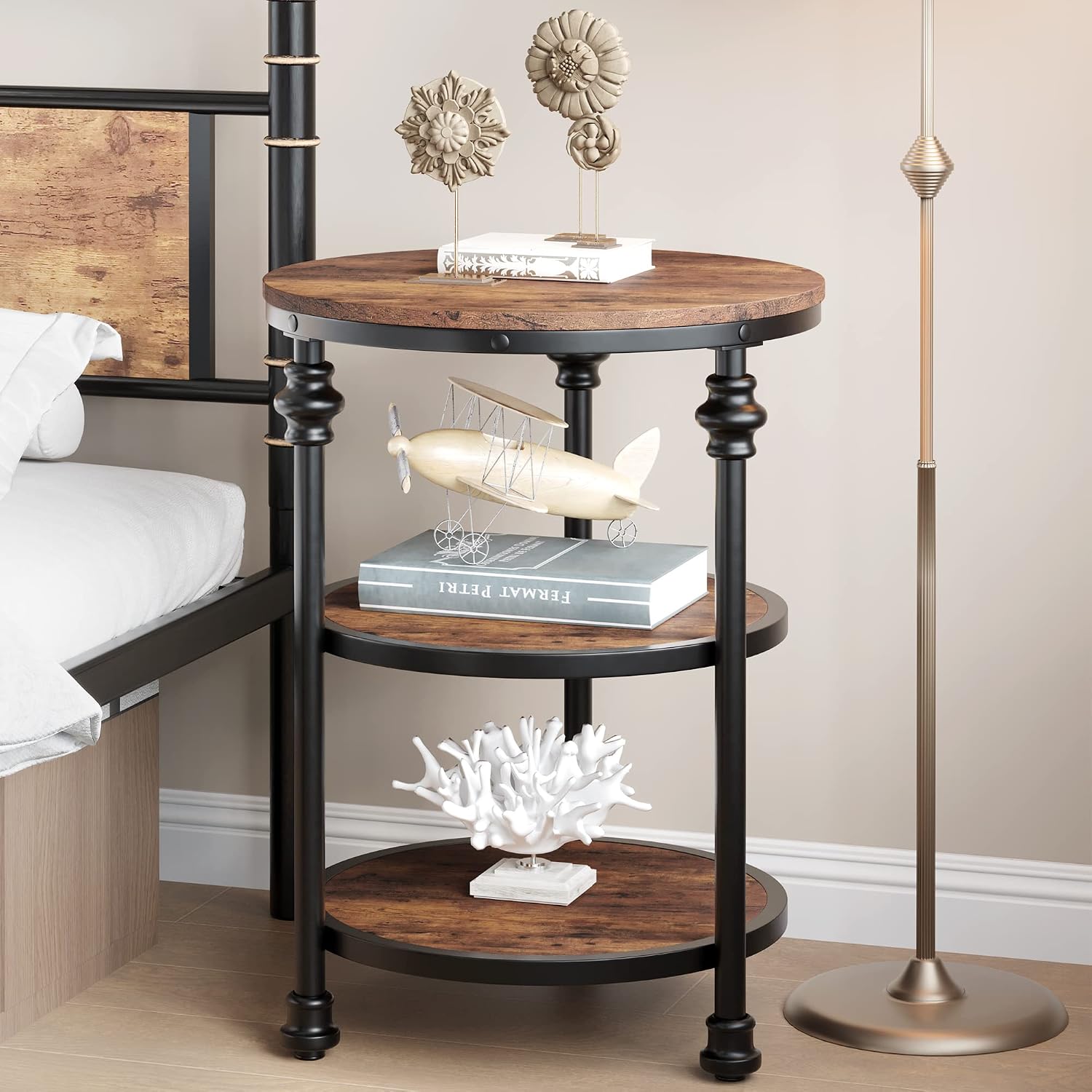 GarveeHome Round End Table with Storage Shelves, 3-Tier Round Farmhouse Side Table w/Mental Support Legs, Rustic End Table Accent Nighstands for Living Room Bedroom (A, Rustic Brown)