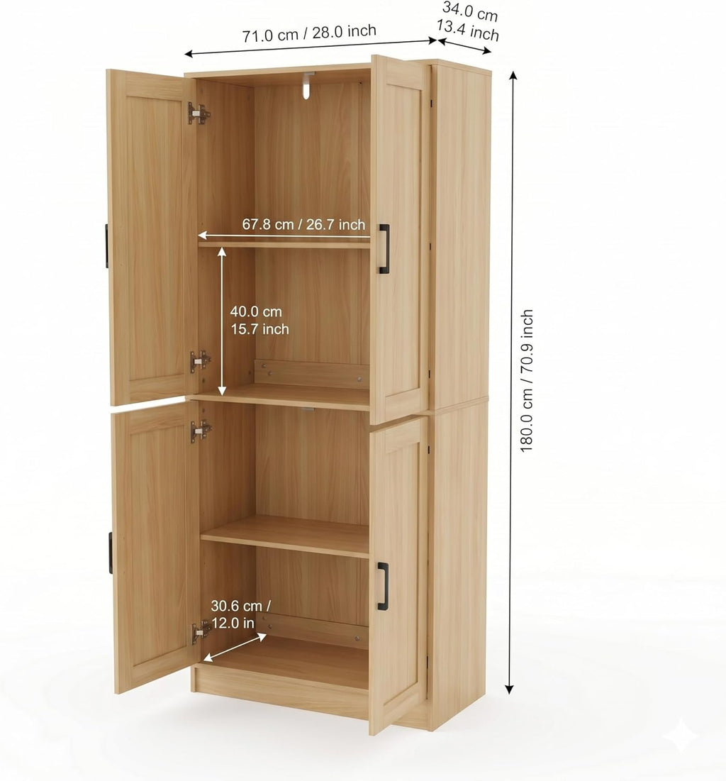 DIYART 71" Tall Kitchen Pantry Cabinet, Freestanding Food Storage Organizer with Doors & Adjustable Shelves, Large Utility Hutch Cupboard for Dining Room, Kitchen & Home Office, Oak