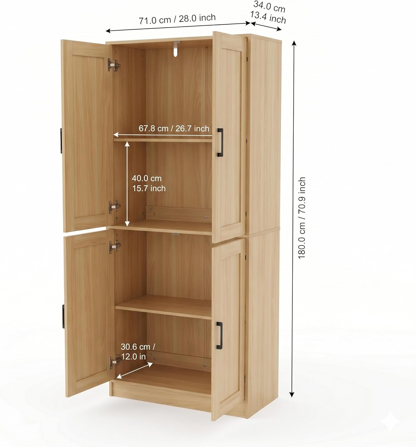 DIYART 71" Tall Kitchen Pantry Cabinet, Freestanding Food Storage Organizer with Doors & Adjustable Shelves, Large Utility Hutch Cupboard for Dining Room, Kitchen & Home Office, Oak