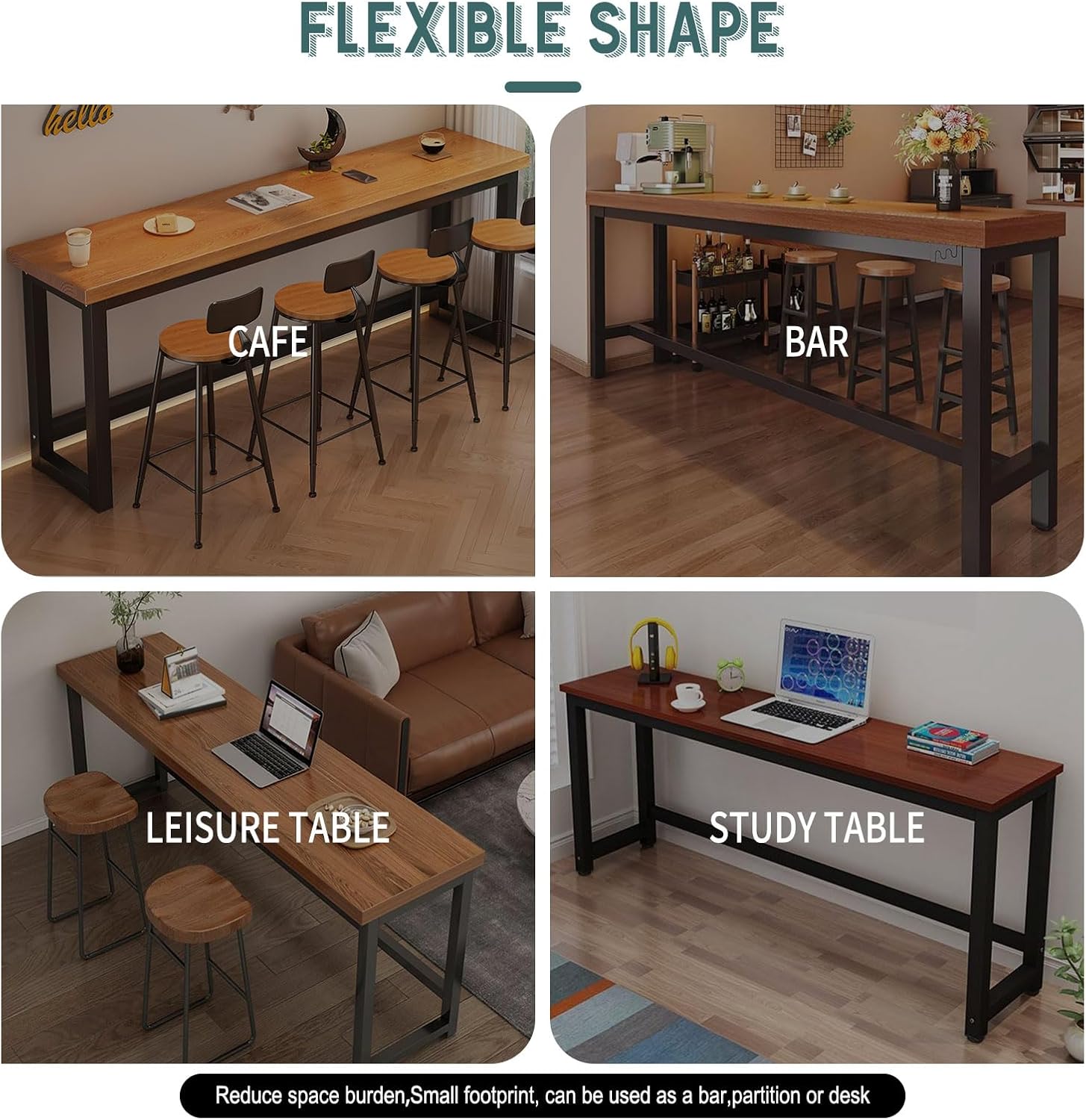 Counter Height Bar Table, Long Pub Table with 1" Top, Sturdy Metal Frame & Adjustable Feet for Kitchen, Living Room, Restaurant, Bar Use