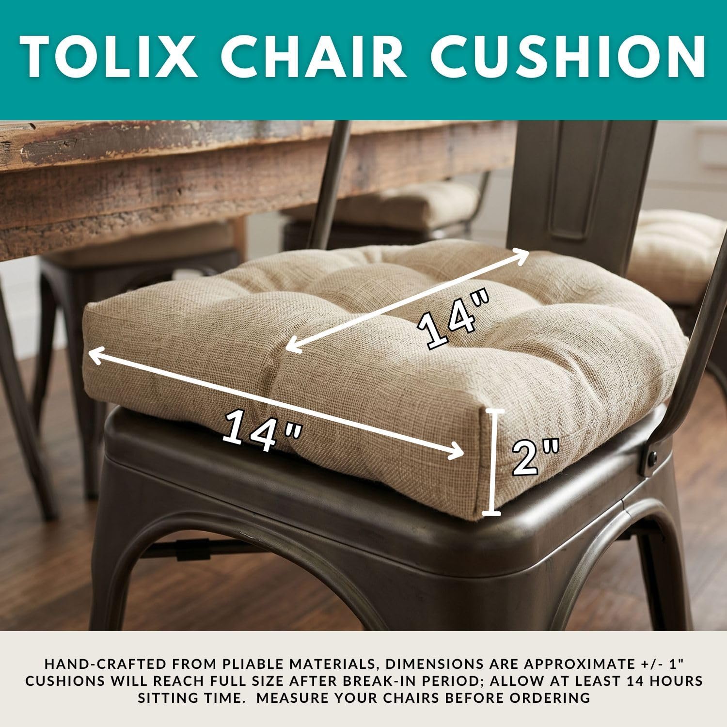 Barnett Home Decor Metal Chair Cushions - 14x14 Chair Cushions for Tolix Chairs - Machine Washable, 100% Cotton, Made in USA - Farmhouse Chair Pads - Ticking Stripe Natural Pack of 4