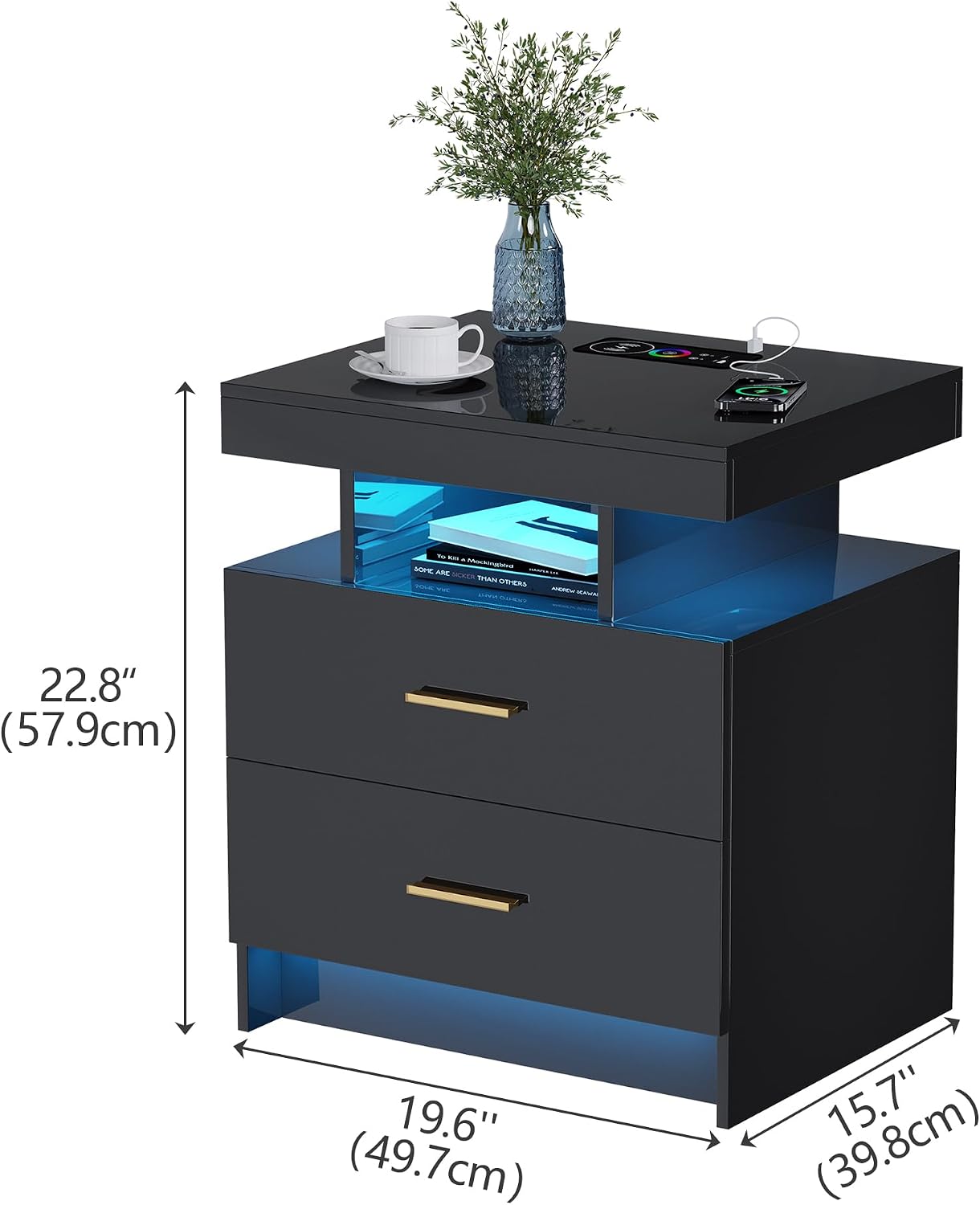 Lvifur Smart Nightstand with RGB Lights & Wireless Charging Station - Black | Motion Sensor, Dynamic & Static Lights, Adjustable Brightness, USB & Type-C Charging, Drawers with Metal Rail, 3 Compartments