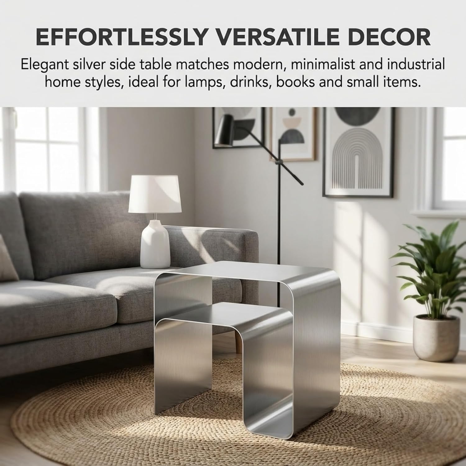 Stainless Steel Side Table, Modern End Table with Double Storage, One-Piece Forming Design, No Assembly, Silver Accent Table for Living Room Bedroom Balcony (2.0 Thickness)
