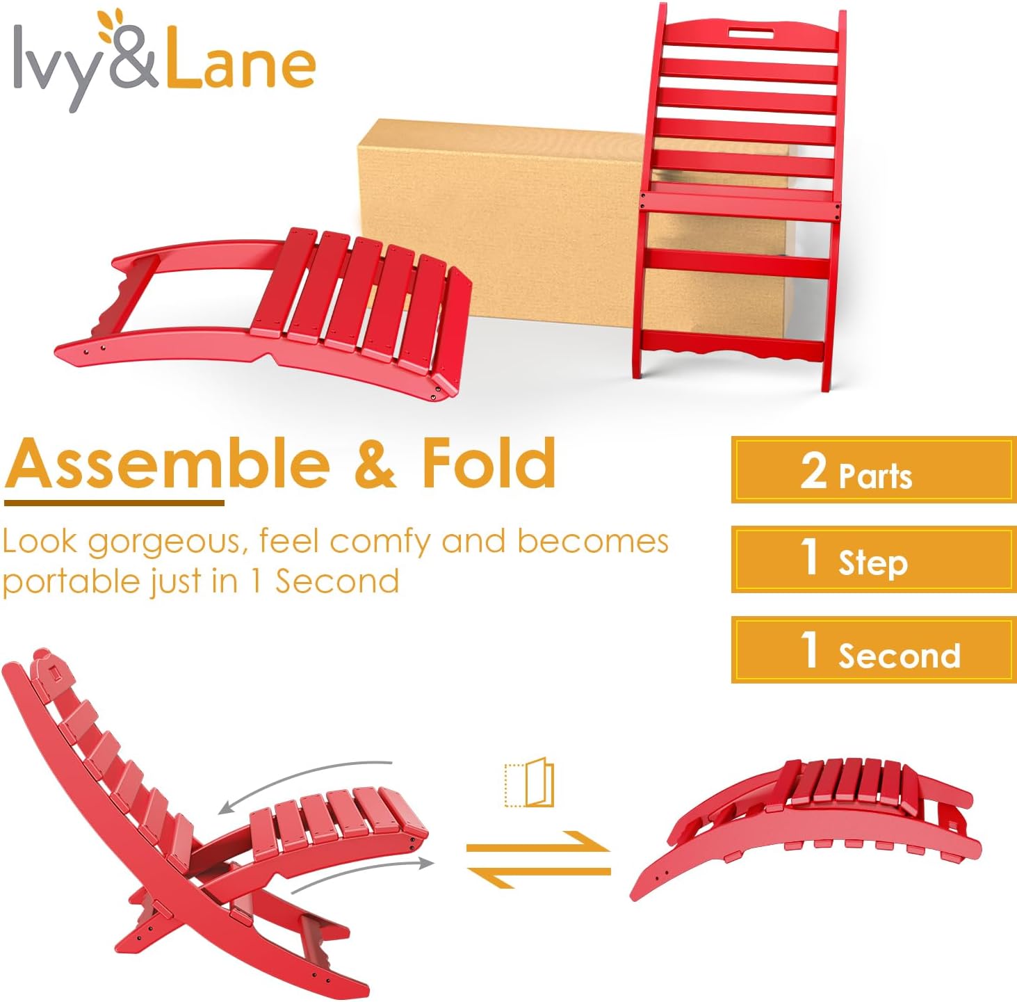 IVY&LANE Portable Xavier-Chairs Set of 2 | Folding-Adirondack-Chair | Wave | HDPE Plastic | Limited Edition | Red | All-Weather Resistant | for Outdoor Fire-Pit Patio Lawn Beach Poolside