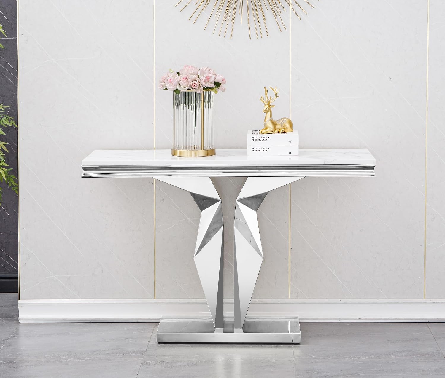 SSLine Modern White Faux Marble Console Table Luxury Entryway Table with Silver Pedestal Base 46.8" Mid-Century Elegant Sofa Table w/Mirrored Stainless Steel Frame for Living Room Hallway