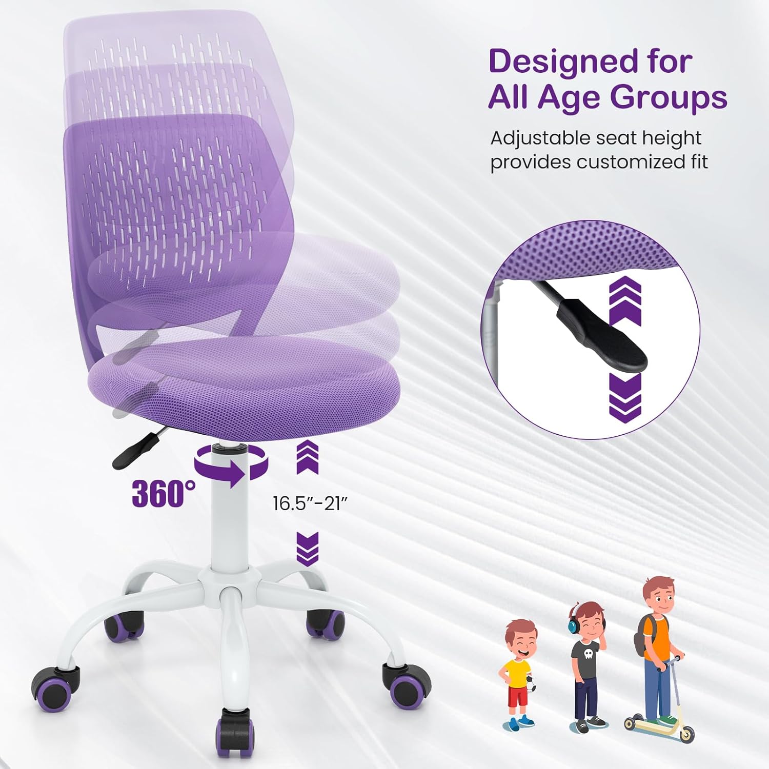 Giantex Kids Desk Chair, Adjustable Children Study Chair, Swivel Armless Mesh Task Office Chair, Computer Desk Chair with Adjustable Height & Lumbar Support (Purple)