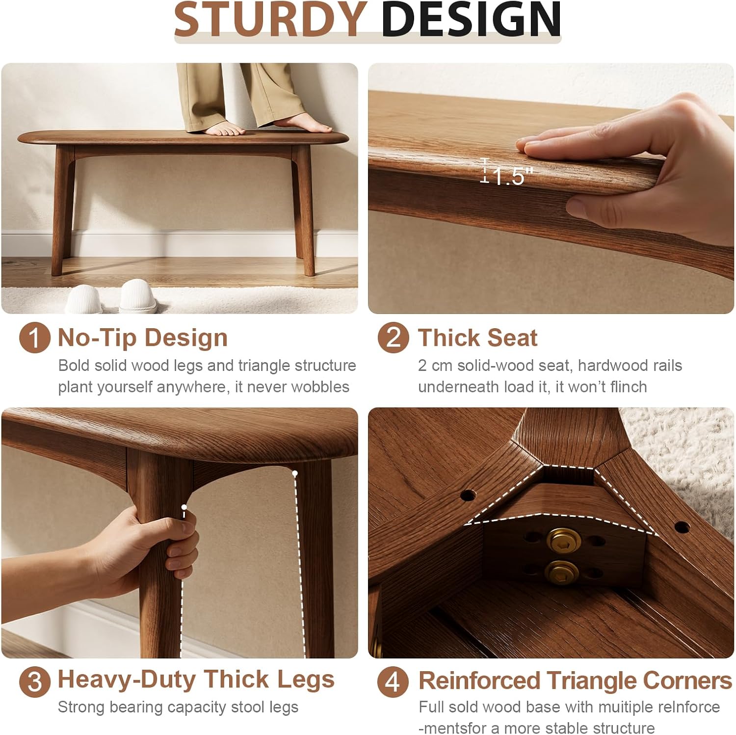 DONGMUWUEJEE 100% Solid Wood Dining Bench, Wood Bench for End of Bed with Rounded Corners, Entryway Benches for Farmhouse, Kitchen, Living Room and Plant Stand (Walnut, 39.4" D x 11.8" W x 19.7" H)