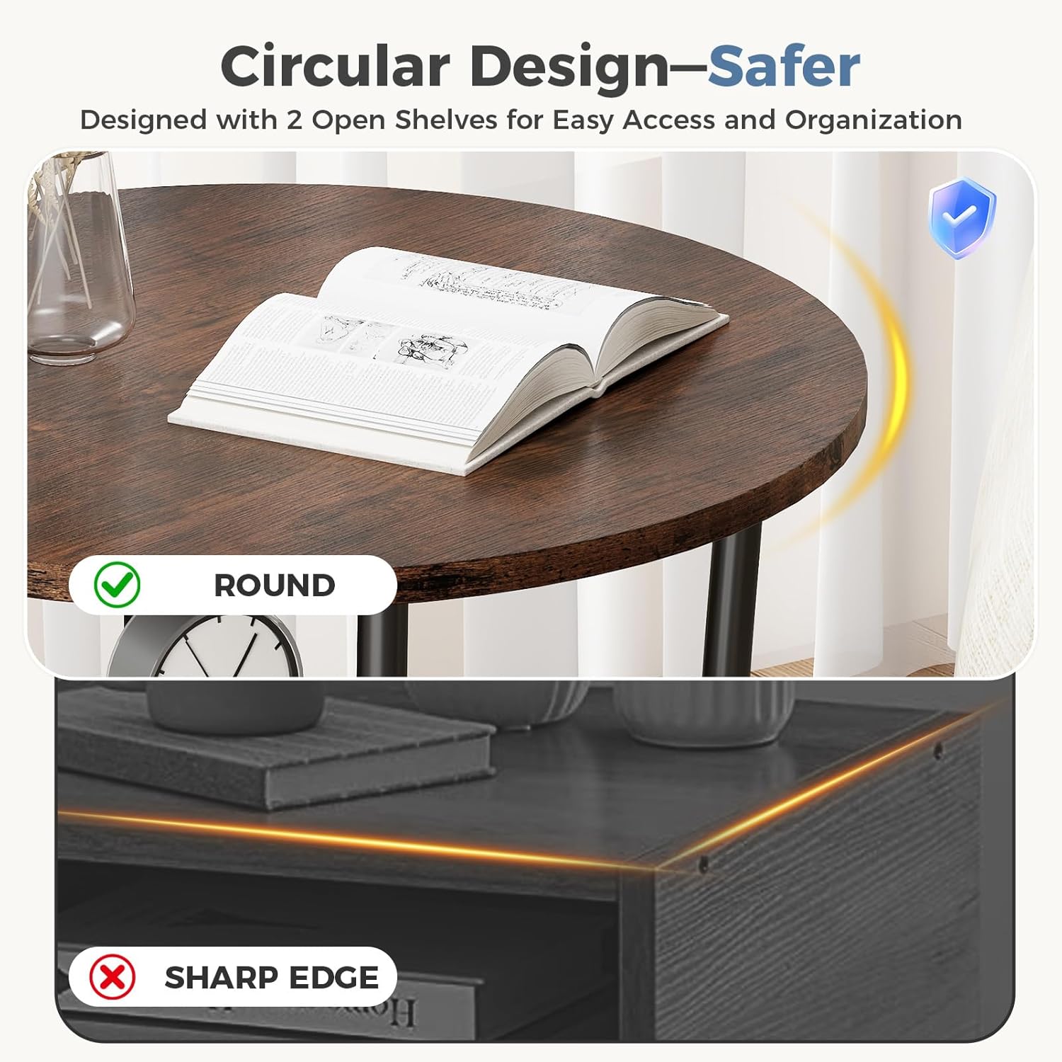DUMOS Side Round Table for Living Room, 2-Tier Accent End Table with Storage Shelf,Sturdy Metal Frame Nightstand for Small Space, Round Bedside,Rustic Brown and Ink Black