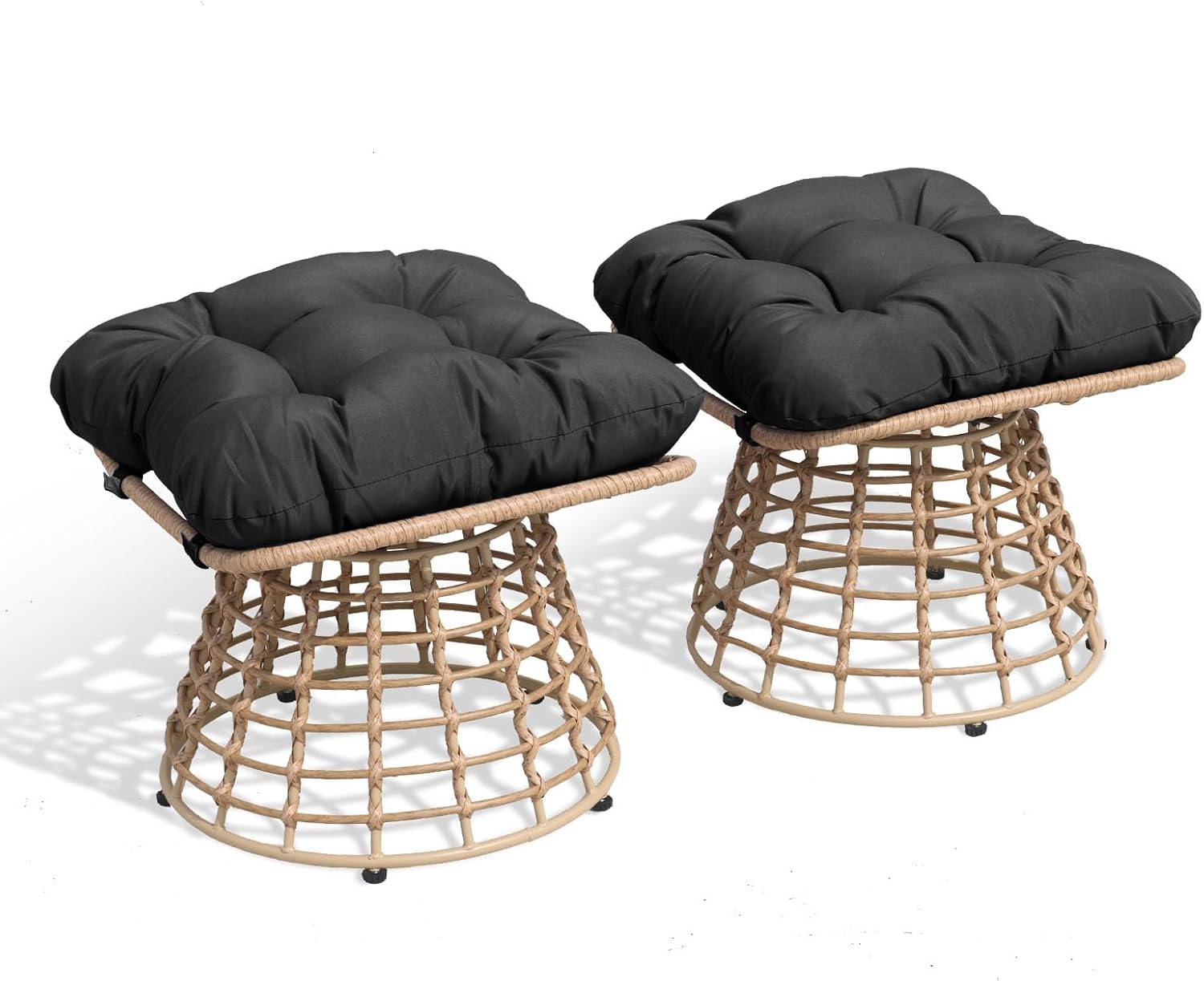 2 Pieces Swivel Outdoor Ottomans for Patio Foot Rest, PE Rattan Wicker Ottoman with Cushions, Outdoor Footstool Footrest Seat, for Patio, Garden, Poolside (2 Piece Ottoman Black)
