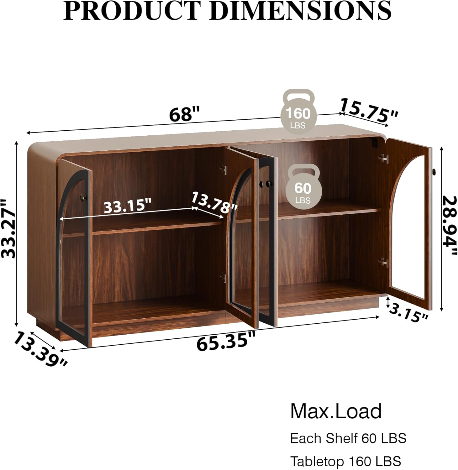 Sideboard Buffet Cabinet with Storage, Credenza Storage Cabinet for Living Room, Walnut Sideboard Wooden Accent Cabinet, Modern Coffee Bar Console Cabinet Walnut Buffet Cabinet with Arched Glass Doors