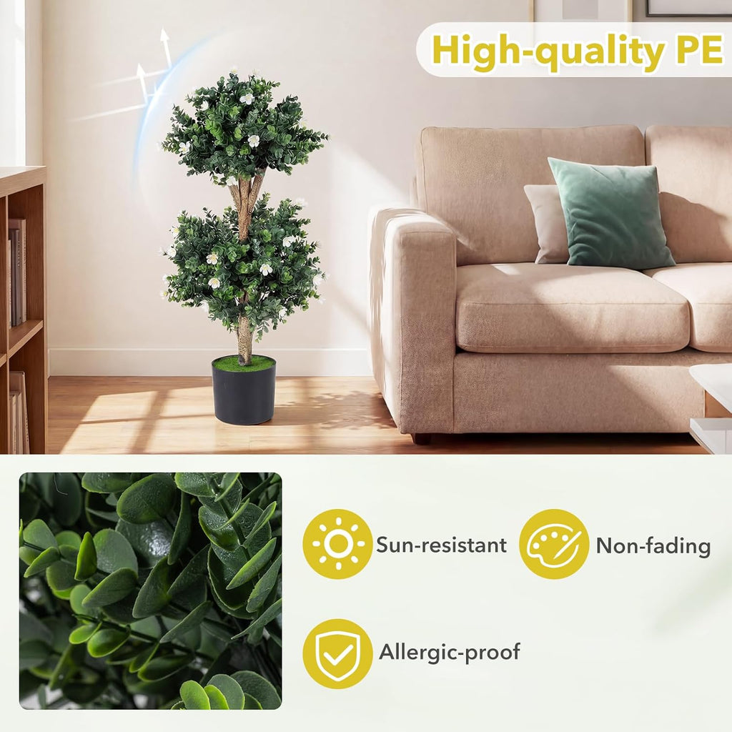 Goplus 3 FT Artificial Double Ball Boxwood Topiary Trees, Set of 2 Faux Bush Plant w/41 Blossoms, Cement-Filled Plastic Pot, Sun-Proof Indoor Outdoor Fake Greenery for Porch Home Decoration (White)