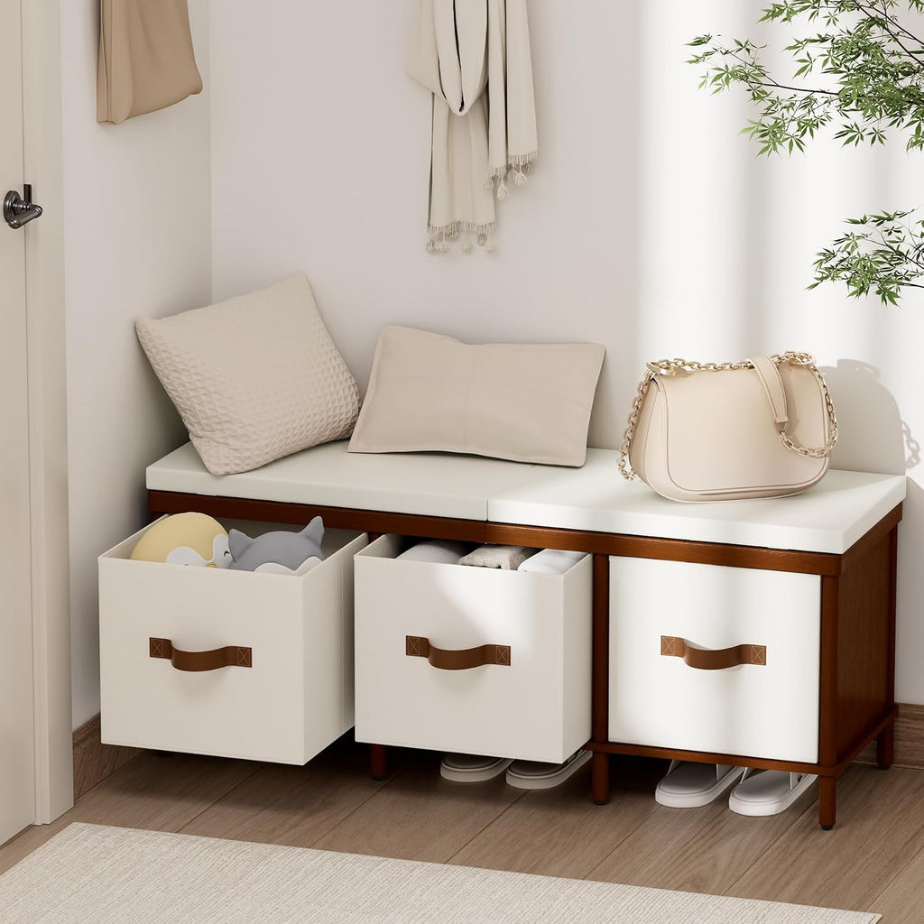 Storage Bench, 43.3" Bamboo Storage Chest with 3 Drawer, Entryway Bench with Cushioned Seat, Shoe Bench with Storage Toy Box, Toy Chest Storage Bench for Entryway, Living Room, Bedroom, Walnut