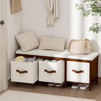 Storage Bench, 43.3" Bamboo Storage Chest with 3 Drawer, Entryway Bench with Cushioned Seat, Shoe Bench with Storage Toy Box, Toy Chest Storage Bench for Entryway, Living Room, Bedroom, Walnut