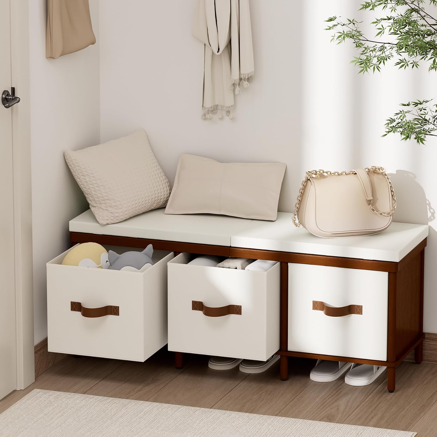 Storage Bench, 43.3" Bamboo Storage Chest with 3 Drawer, Entryway Bench with Cushioned Seat, Shoe Bench with Storage Toy Box, Toy Chest Storage Bench for Entryway, Living Room, Bedroom, Walnut