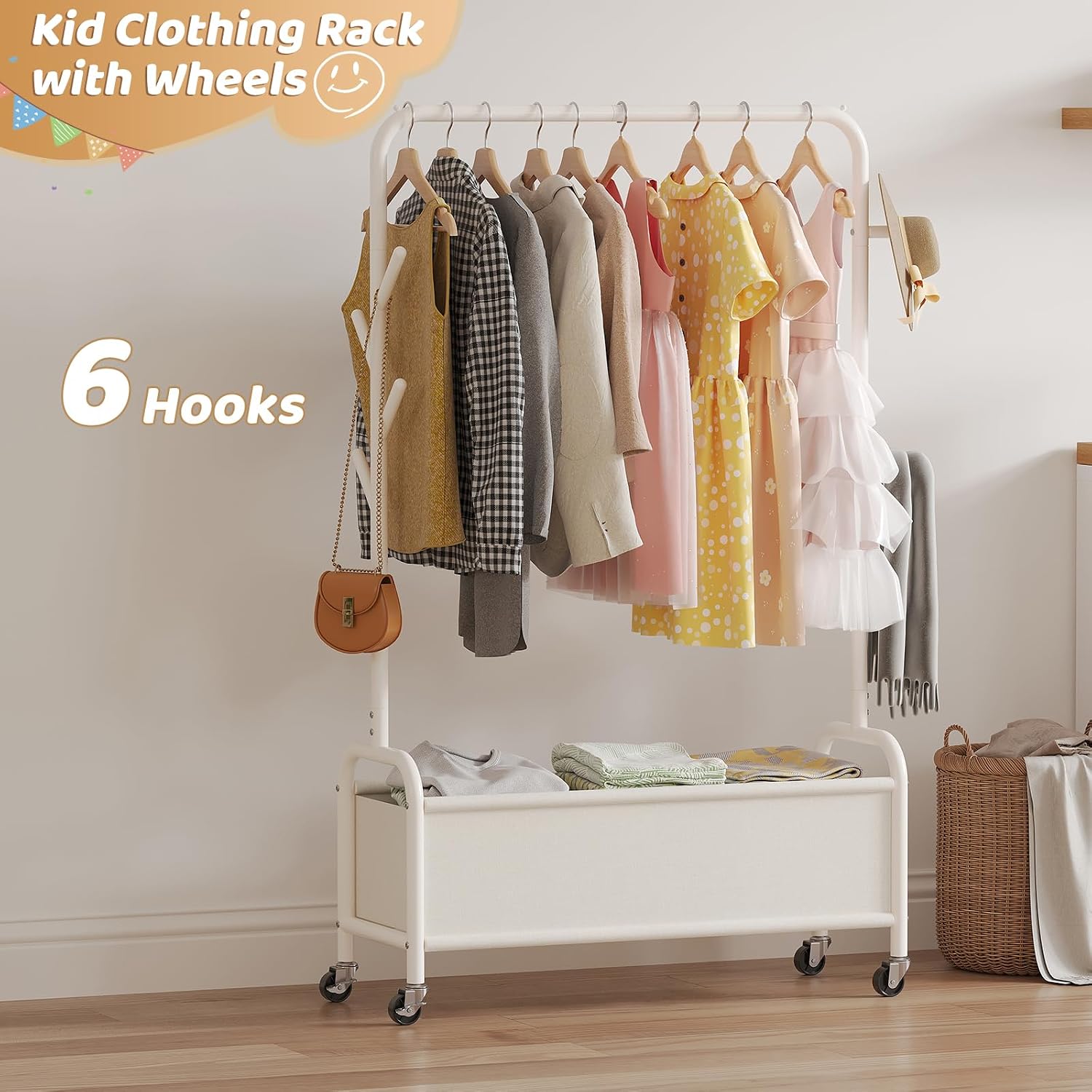 Kids Clothing Rack with Storage Box, Kids Dress Up Storage for Coats, Small Garment Rack for Hanging Clothes, Dress Up Holder with Wheels