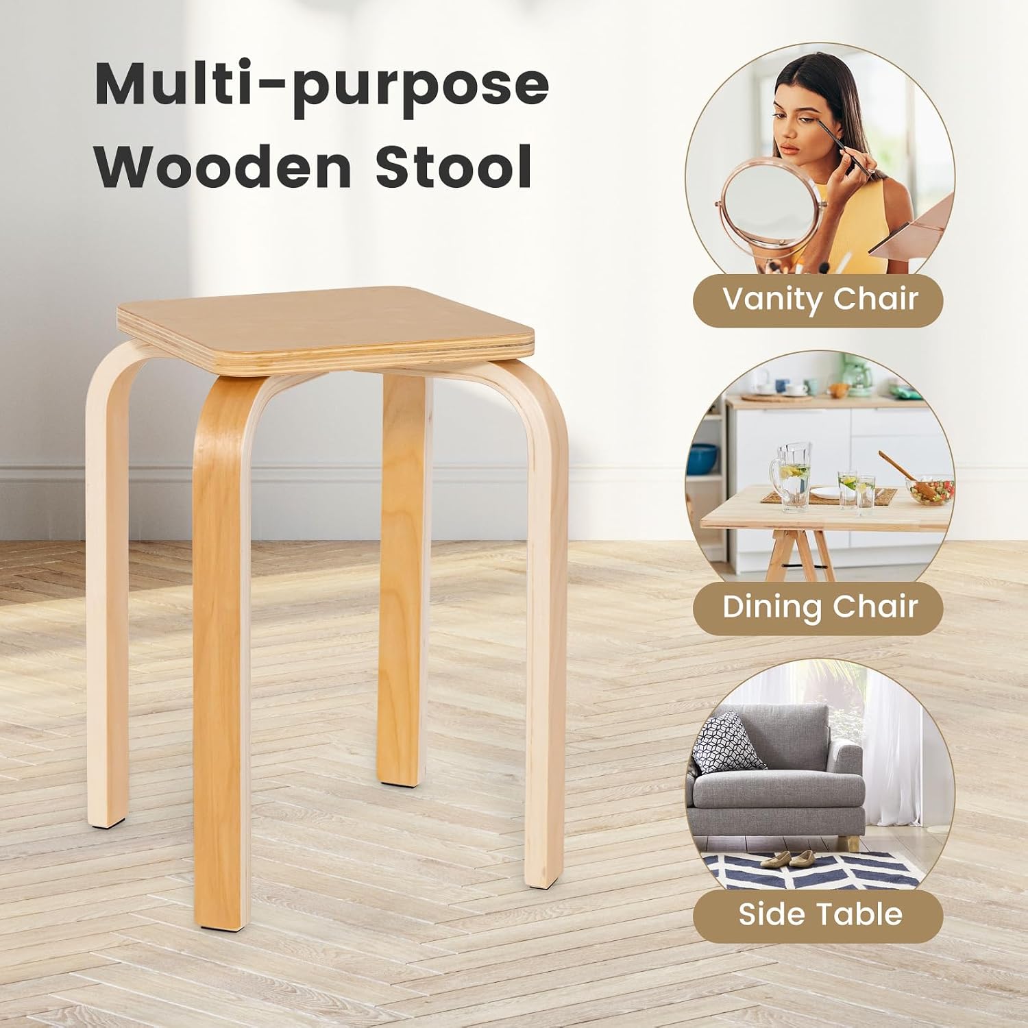 POWERSTONE Wooden Stackable Stools Set of 4, 18" Square Backless Student Chairs w/Non-Slip Pads, Lightweight Stacking Stools for Kitchen, Classroom, Dining Room 330lb Capacity