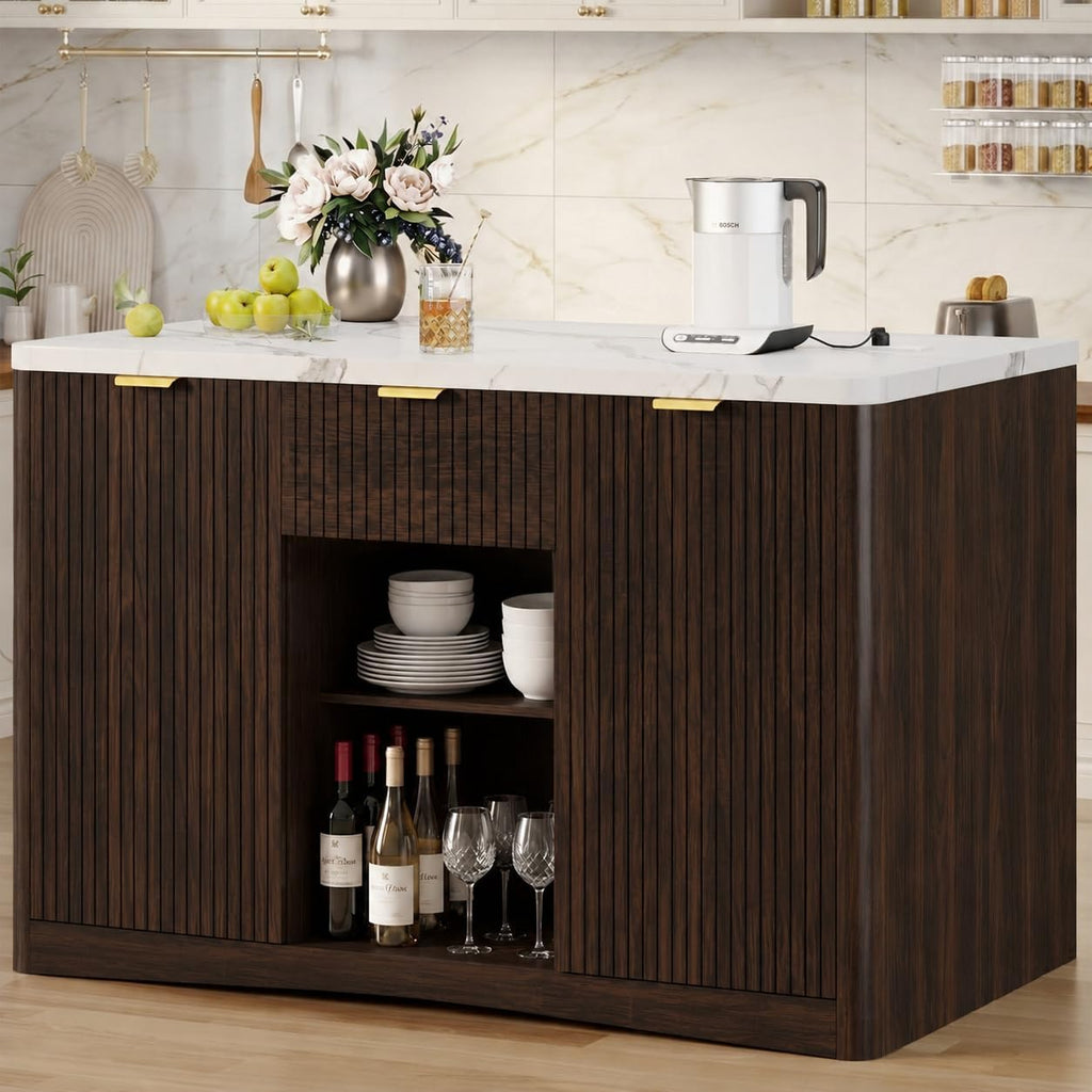 Marble Top Kitchen Island, 47.2" W Kitchen Island on Wheels Islands Table with Power Outlet Rolling Coffee Bar Cart with Buffet Cabinet & Drawer for Dining Room Breakfast Bar Table - Walnut