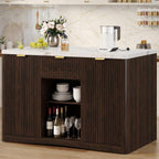 Marble Top Kitchen Island, 47.2" W Kitchen Island on Wheels Islands Table with Power Outlet Rolling Coffee Bar Cart with Buffet Cabinet & Drawer for Dining Room Breakfast Bar Table - Walnut