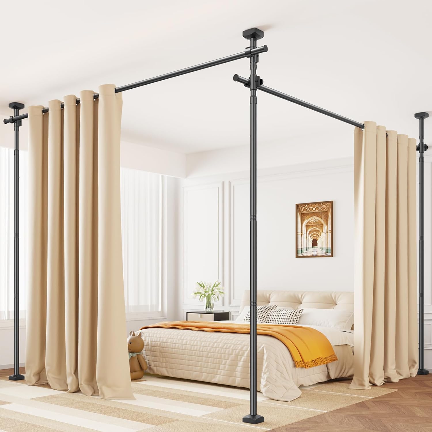 Room Divider Curtain Rod, No Drilling Wall Divider for Room Separation, Adjustable 4-10ft(H) 28-114inch(W) Heavy Duty Temporary Wall Divider Floor to Ceiling Tension Rod,Black
