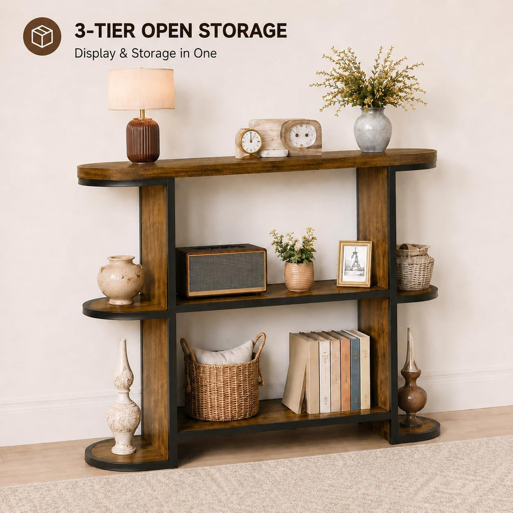 Gewudraw 39” Console Table with Storage, 3 Tier Entryway Table with Round Corners, Industrial Narrow Sofa Table Behind Couch for Living Room, Hallway, Entryway, Rustic Brown