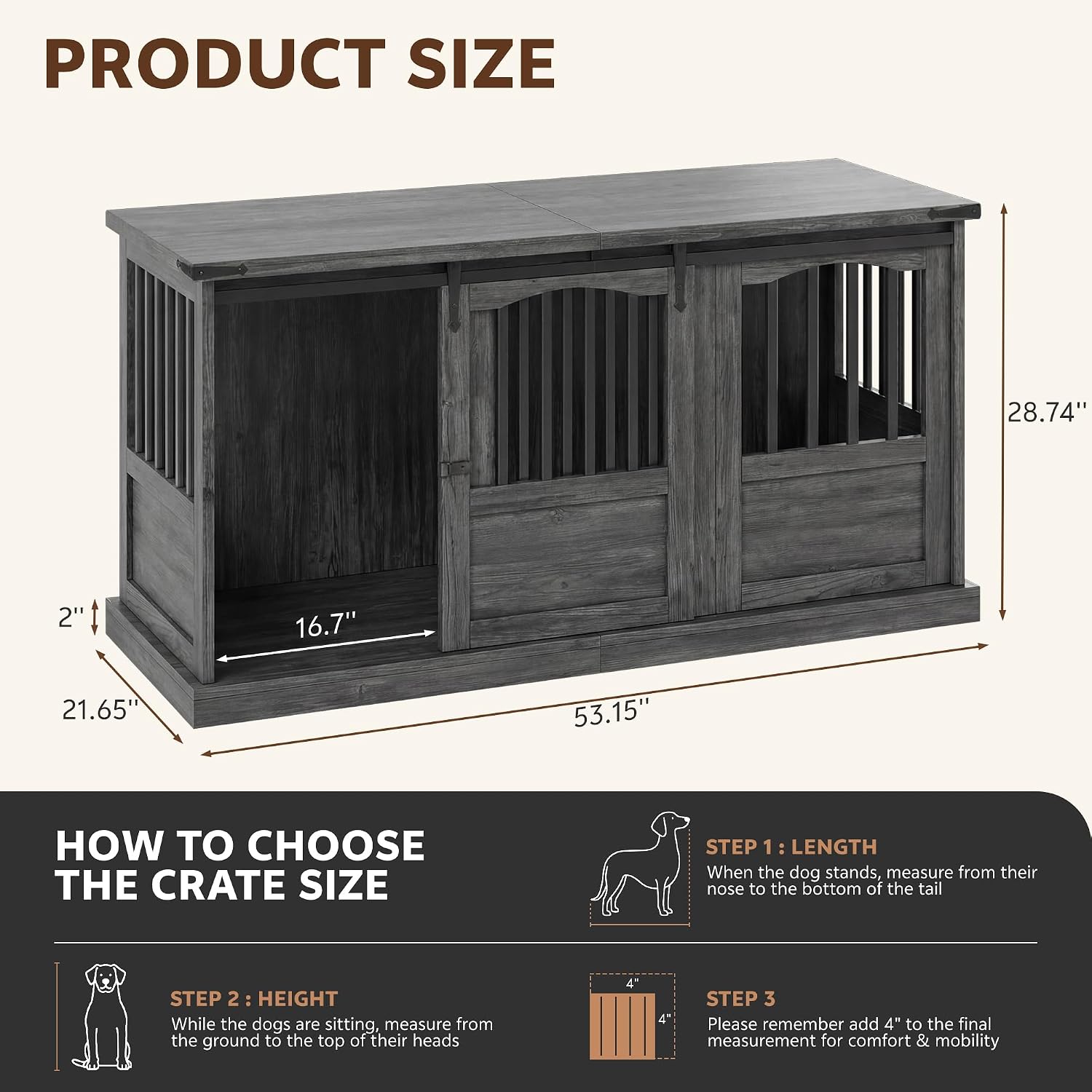Homiflex 53 Inch Wooden Dog Crate Furniture Heavy Duty Dog Kennel Furniture with Sliding Doors for Large Breed Decorative Solid Wood Dog Cage End Table for Indoor, Grey