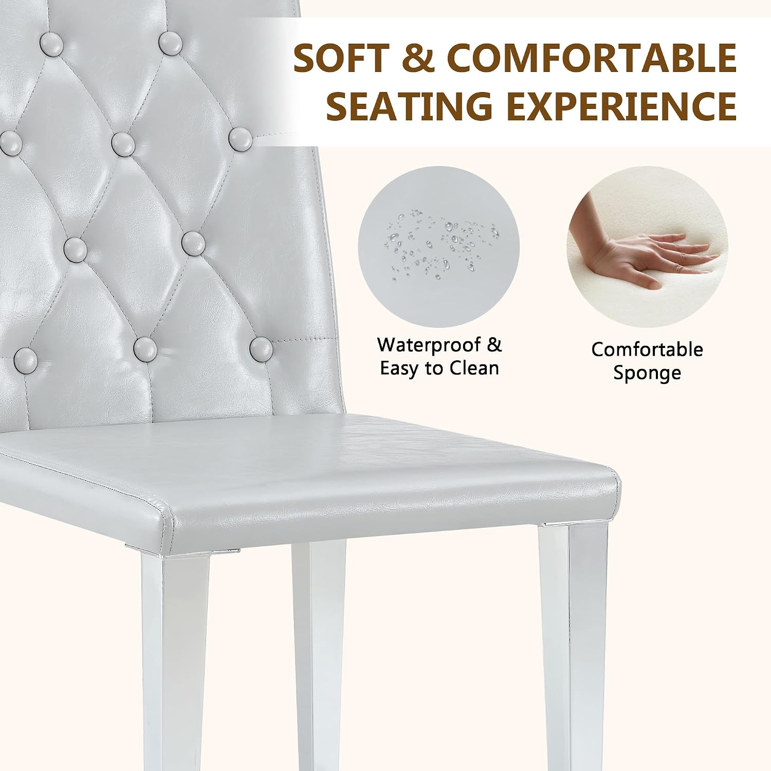 Modern Dining Chairs Set of 6, Button Tufted Upholstered Parsons Chairs with Silver Metal Legs, Grey PU Leather Kitchen Chair for Dining Room, Kitchen, Restaurant