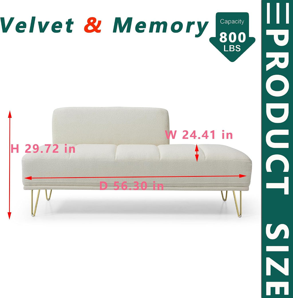 HRVEOCEI 56.3" Modern Ottoman Velvet Bench for Bedroom, Upholstered Entryway Footrest Window Bench with Backrest & Gold Metal Legs for Living Room (Beige)