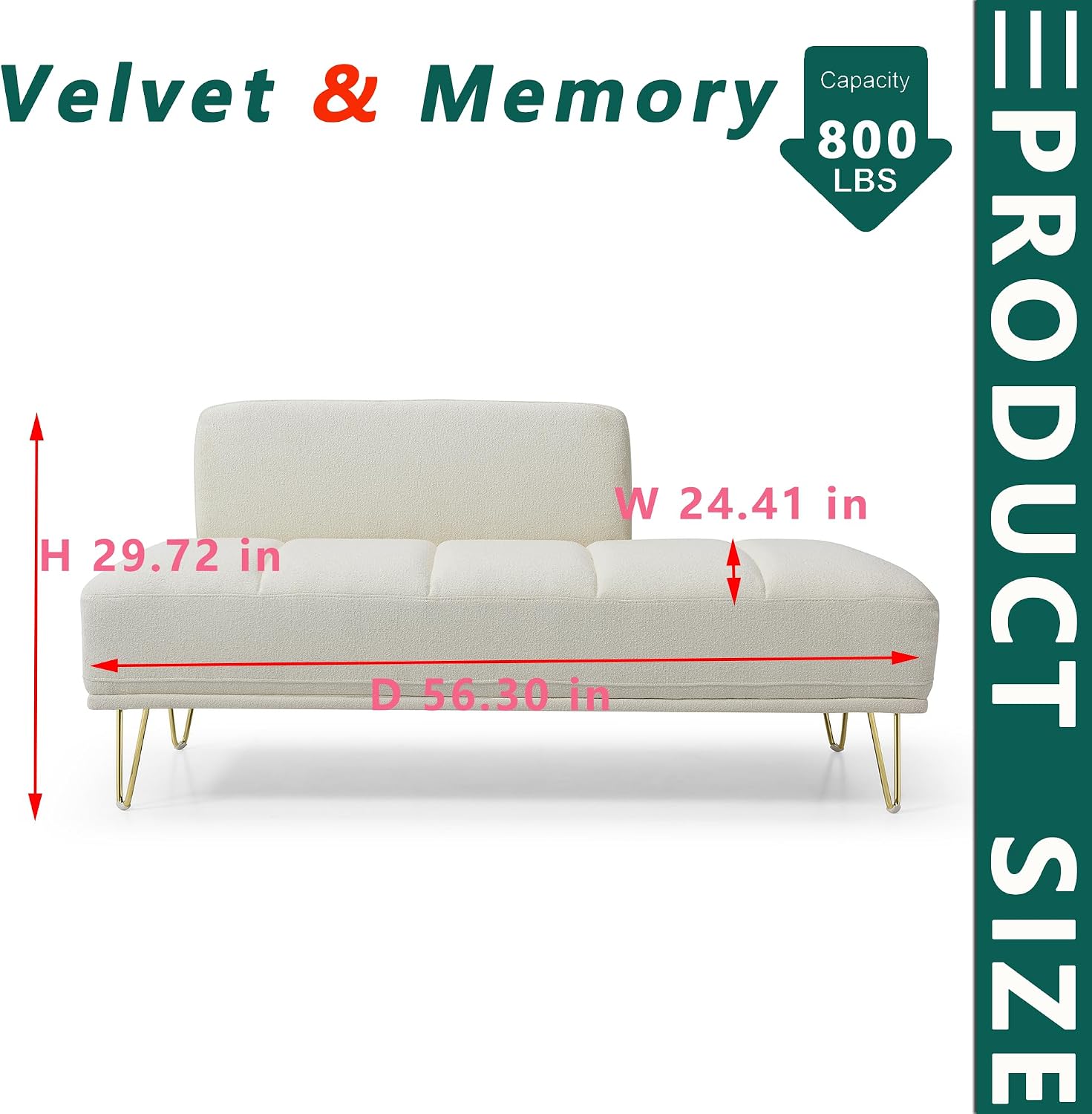 HRVEOCEI 56.3" Modern Ottoman Velvet Bench for Bedroom, Upholstered Entryway Footrest Window Bench with Backrest & Gold Metal Legs for Living Room (Beige)