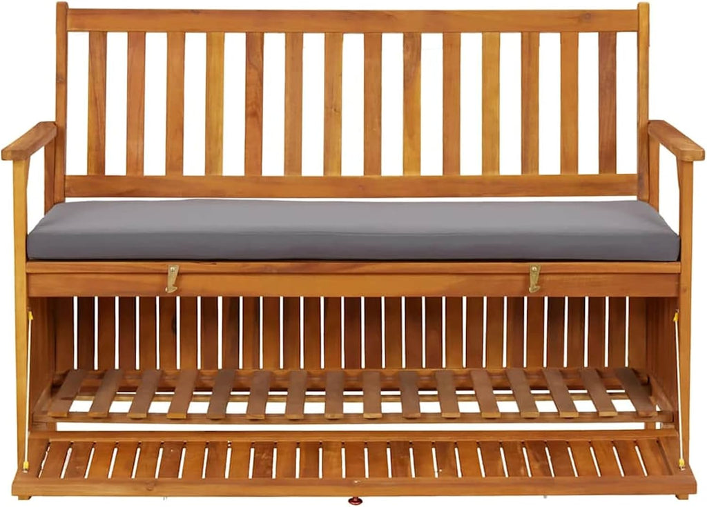 Gecheer Garden Storage Bench 120 cm – Solid Acacia Wood Outdoor Patio Bench with Large Under-Seat Storage Compartment and Dark Grey Cushion