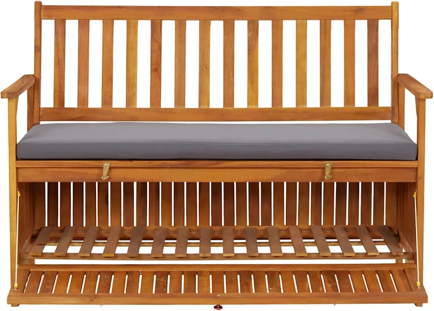 Gecheer Garden Storage Bench 120 cm – Solid Acacia Wood Outdoor Patio Bench with Large Under-Seat Storage Compartment and Dark Grey Cushion