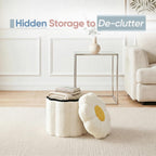 Flower Boucle Storage Ottoman, 12.6" Small Footstool with Padded Seat, Folding Sherpa Foot Rest for Sofa, Floral Accent Side Table for Living Room, Bedroom, Dorm, White