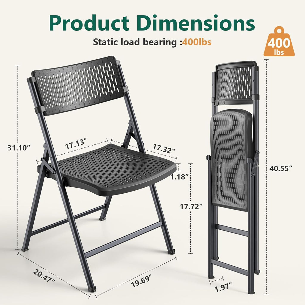 Black Folding Chairs 4-Pack, Breathable Plastic for Card Tables & Indoor Outdoor, Easy-Clean & Supports 400 Lbs